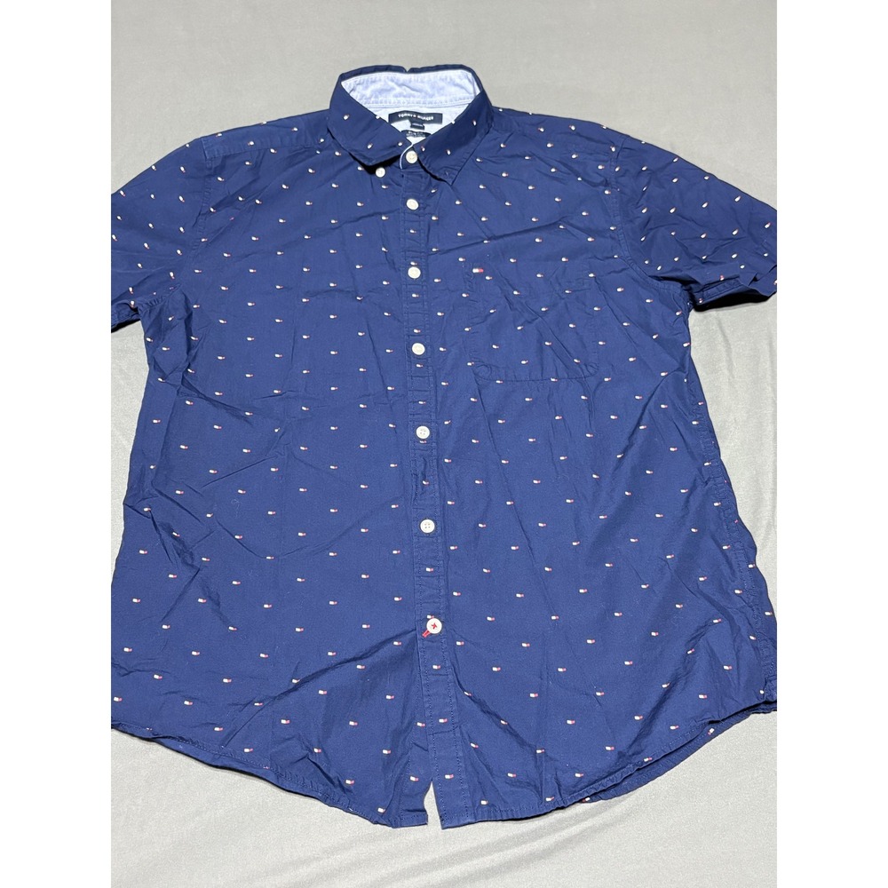 Tommy Hilfiger Mens Slim Fit Short Sleeve Button Down Flag Print Shirt Navy L